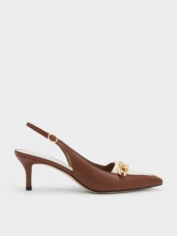 Avani Chunky Chain-Embellished Slingback Pumps – Cognac